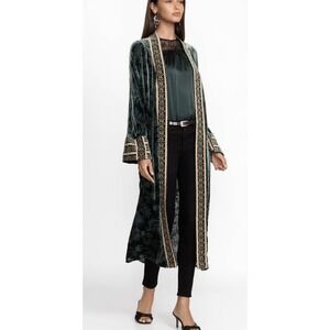 Johnny Was Jade Green Silk Embroidered Belted Kimono Womens Sz XS Floral Sheer